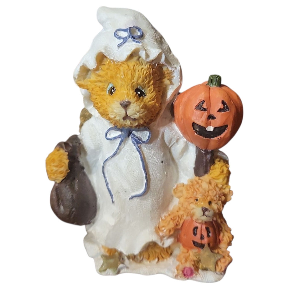 Vtg 1997 Artmark Resin Halloween Teddy Bear Cub Pumpkin Stick Figurine